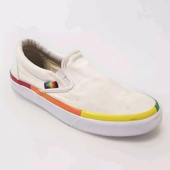 Vans Classic Slip On White Canvas Women's Rainbow Skate Shoe Pride LGBTQ US 7 - Picture 1 of 16